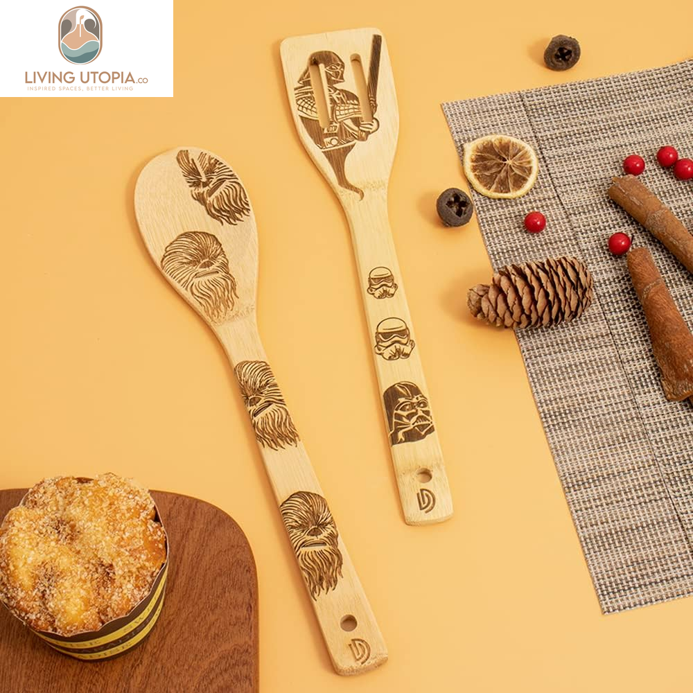5 PCS Star War Burned Wooden Spoons Cooking Organic Spoons Turners Carved Spatulas Non-Stick for Cookware Kitchen Gadgets - Premium Quality Gifts for Housewarming and Wedding