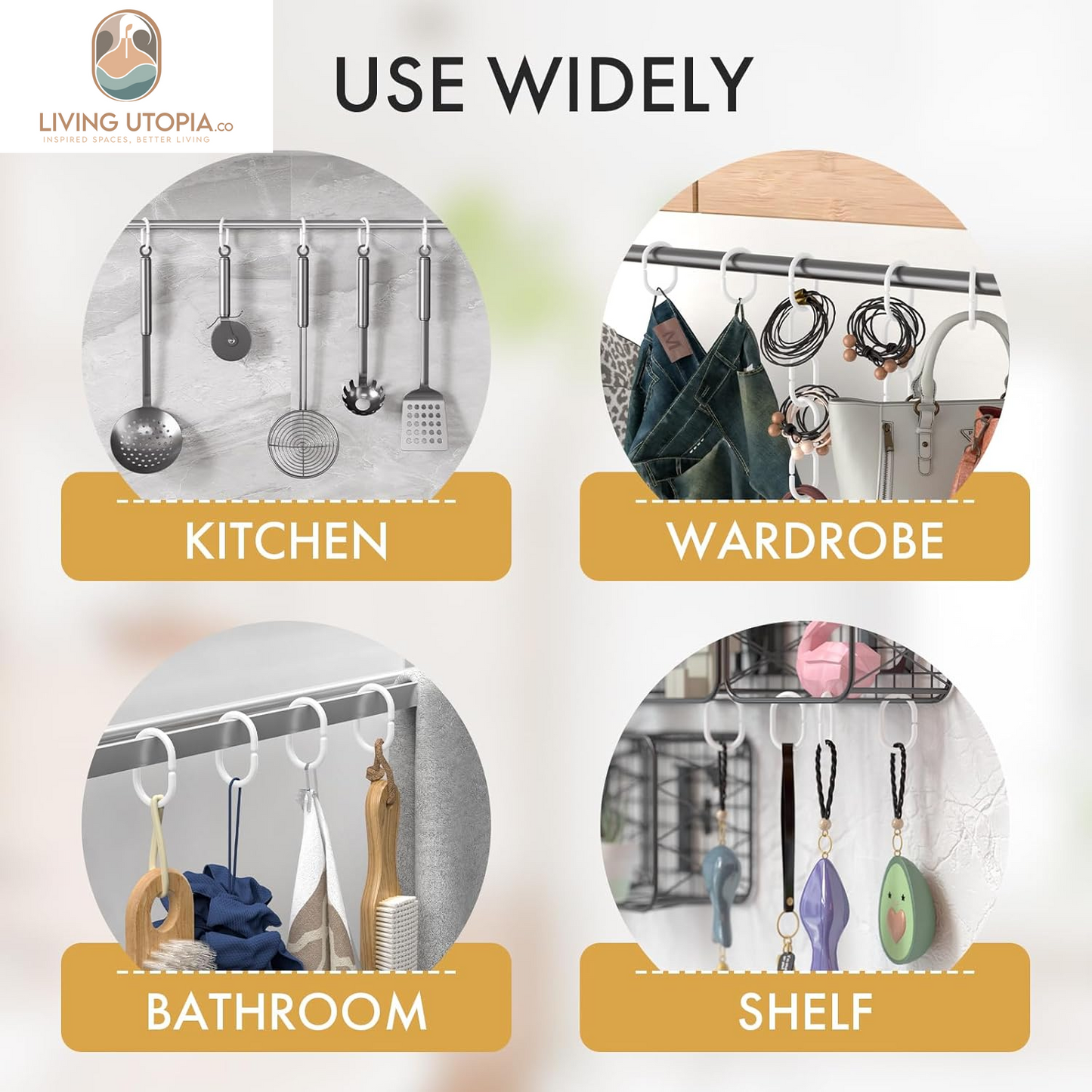 White Shower Curtain Hooks Rings, 24 Pcs Plastic Shower Curtain Rings, Plastic Shower Curtain Hooks for Bathroom Shower Rod, White Shower Hooks Rings Loops for Shower Curtain