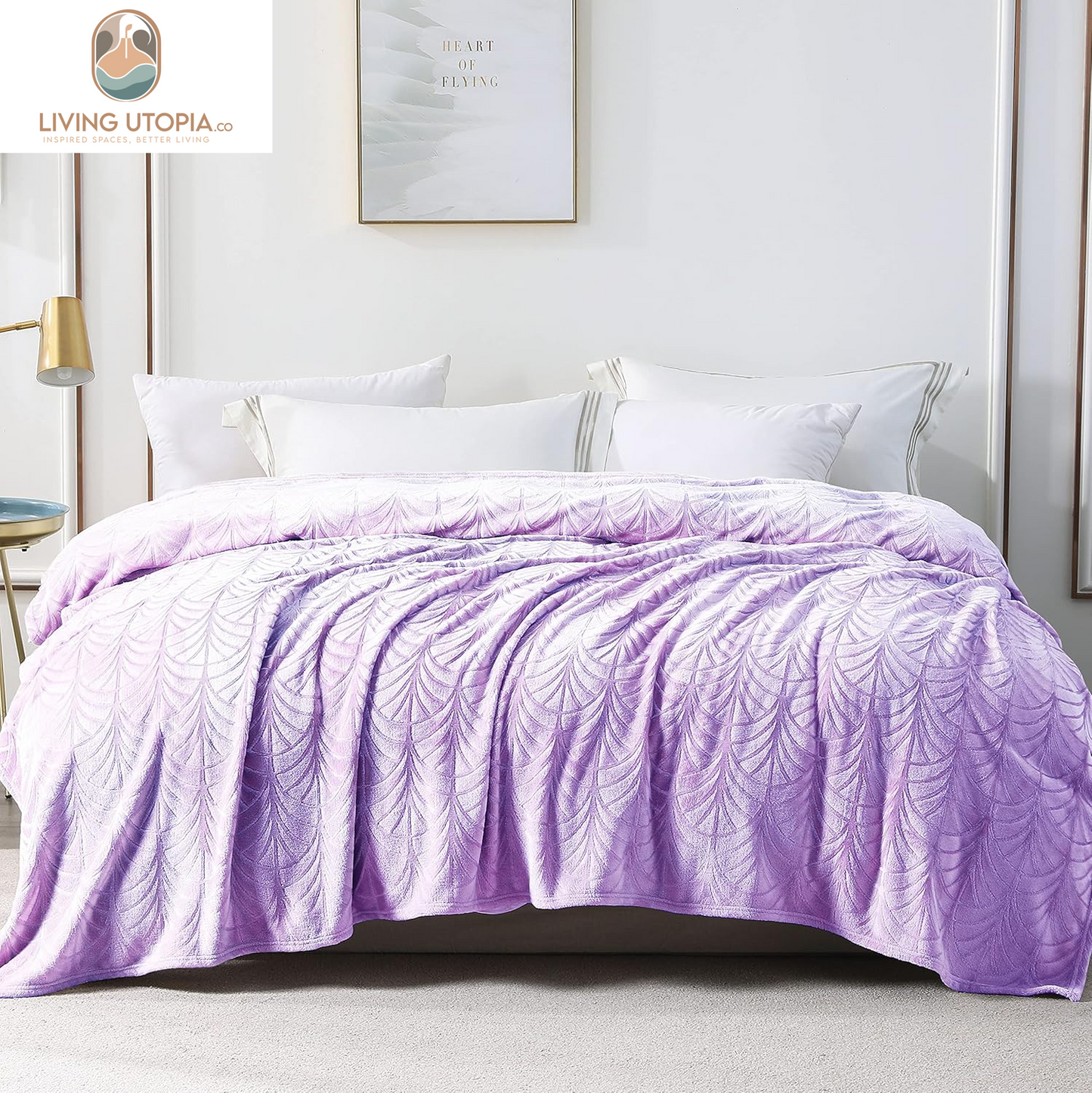 Flannel Fleece Twin Size Blanket for Bed, Soft Fluffy Velvet Bedspread Coverlet with Decorative Vintage Pattern for All Season, Warm and Lightweight, 90X66 Inch, Lilac
