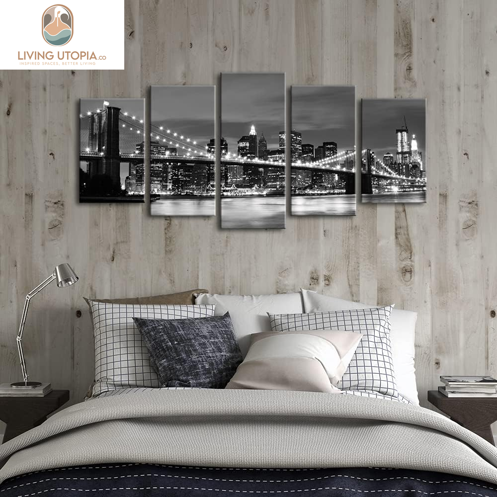 New York Brooklyn Bridge Canvas Wall Art Night View 5 Panels Modern Landscape Artwork Canvas Prints Abstract Pictures to Photo Canvas Wall Decor for Home & Office Decorations