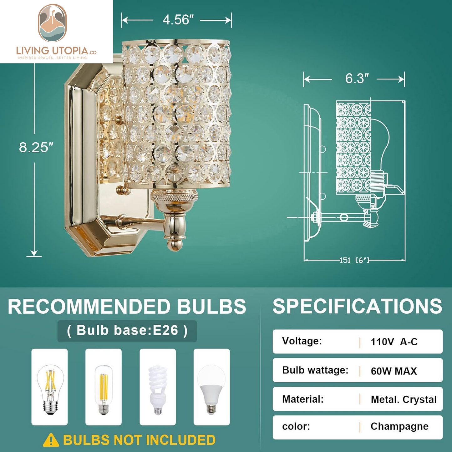 2 Pack 1 Light Crystal Wall Sconce Lighting with Champagne Finish,Modern Concise Style Wall Light Fixture Polyhedral Crystal Shade for Bathroom, Bedroom Living Room Bedside