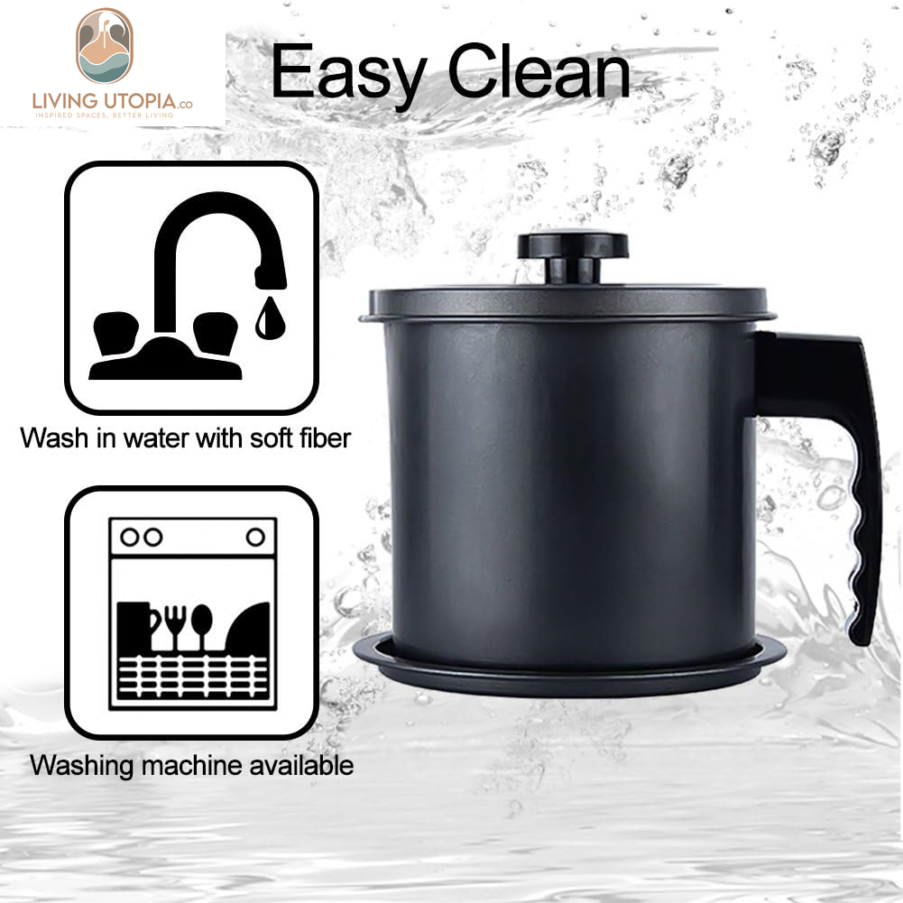 Bacon Grease Container with Strainer- 1.3 L or 5.2 Cup Iron Kitchen Oil Storage Can with Fine Mesh Strainer for Storing Hot Frying Oil, Fat (Black)