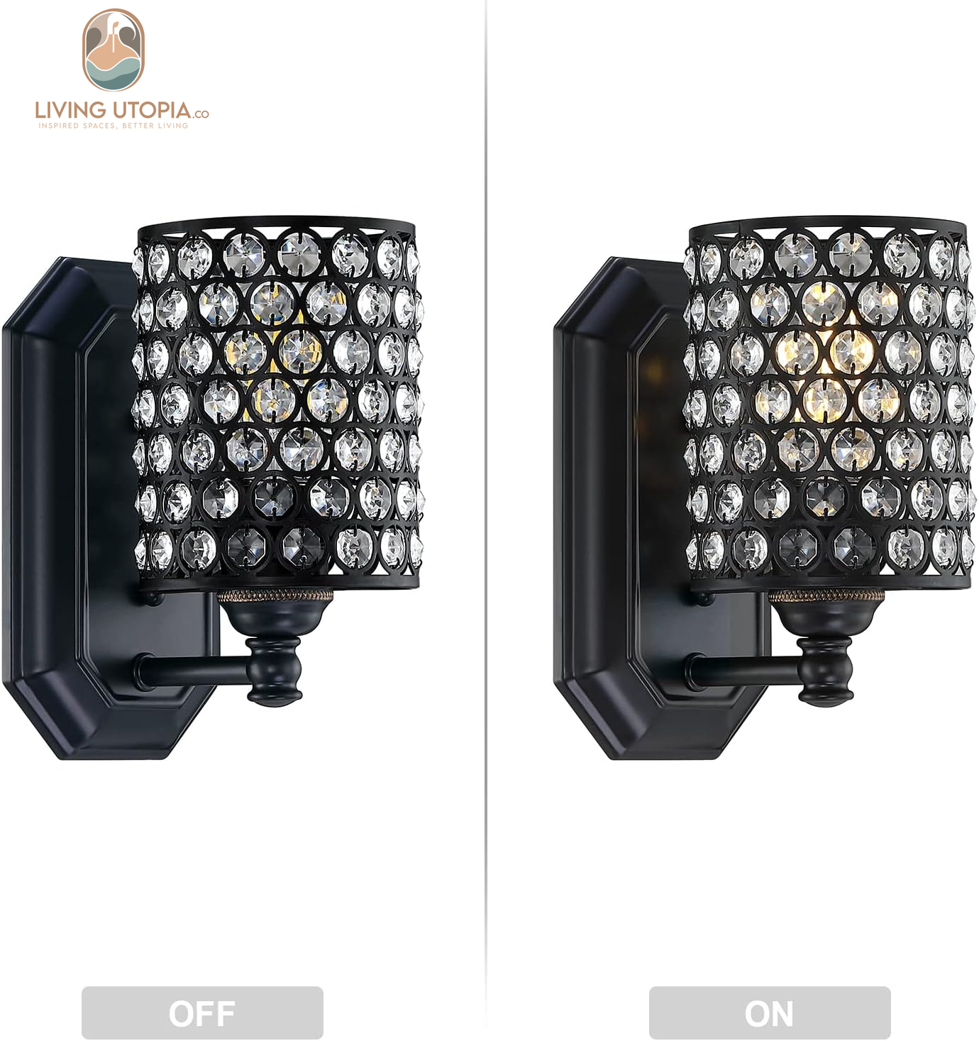 2 Pack 1 Light Crystal Wall Sconce Lighting with Black Finish,Modern Concise Style Wall Light Fixture Polyhedral Crystal Shade for Bathroom, Bedroom Living Room Bedside