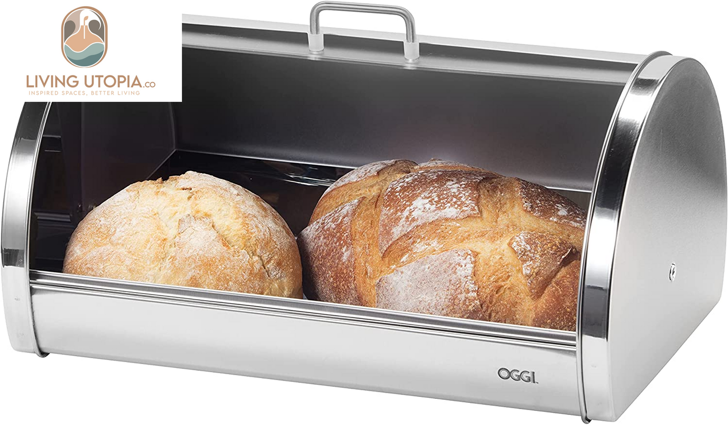 Stainless Steel Roll Top Bread Box for Kitchen Countertop with Frosted Plexilass Lid - Fits Multiple Loaves of Bread and Other Freshly Baked Goods Including Cookies, Bagels, Muffins