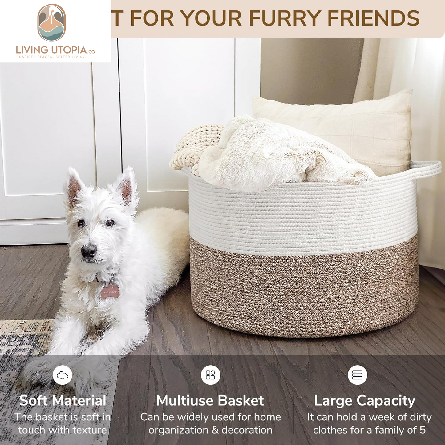 Xxxlarge Cotton Rope Basket 21.7" X 21.7" X 13.8" Woven Baby Laundry Blanket Basket Toy Basket with Handle Storage Comforter Cushions Thread Laundry Hamper White & Brown