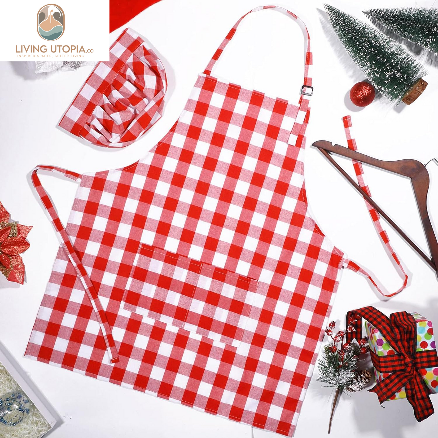2 Pcs Chef Costume for Women Men Chef Hat Apron Set for Adult Baker Apron Hat for Cooking Cosplay(Red, White,Plaid Style)