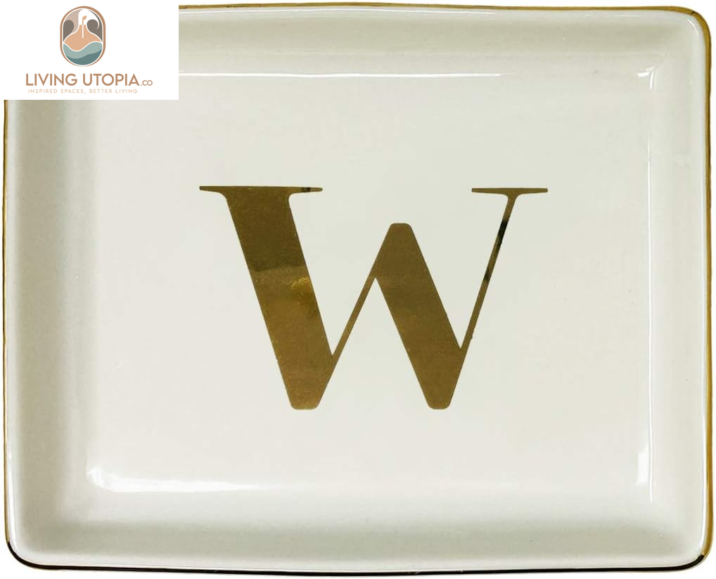 Jewelry Tray Ring Dish with Initial Gift | Personalized Jewelry Dish and Trinket Dish with Gold Initials Key Bowl Ceramic Holder (Letter W)