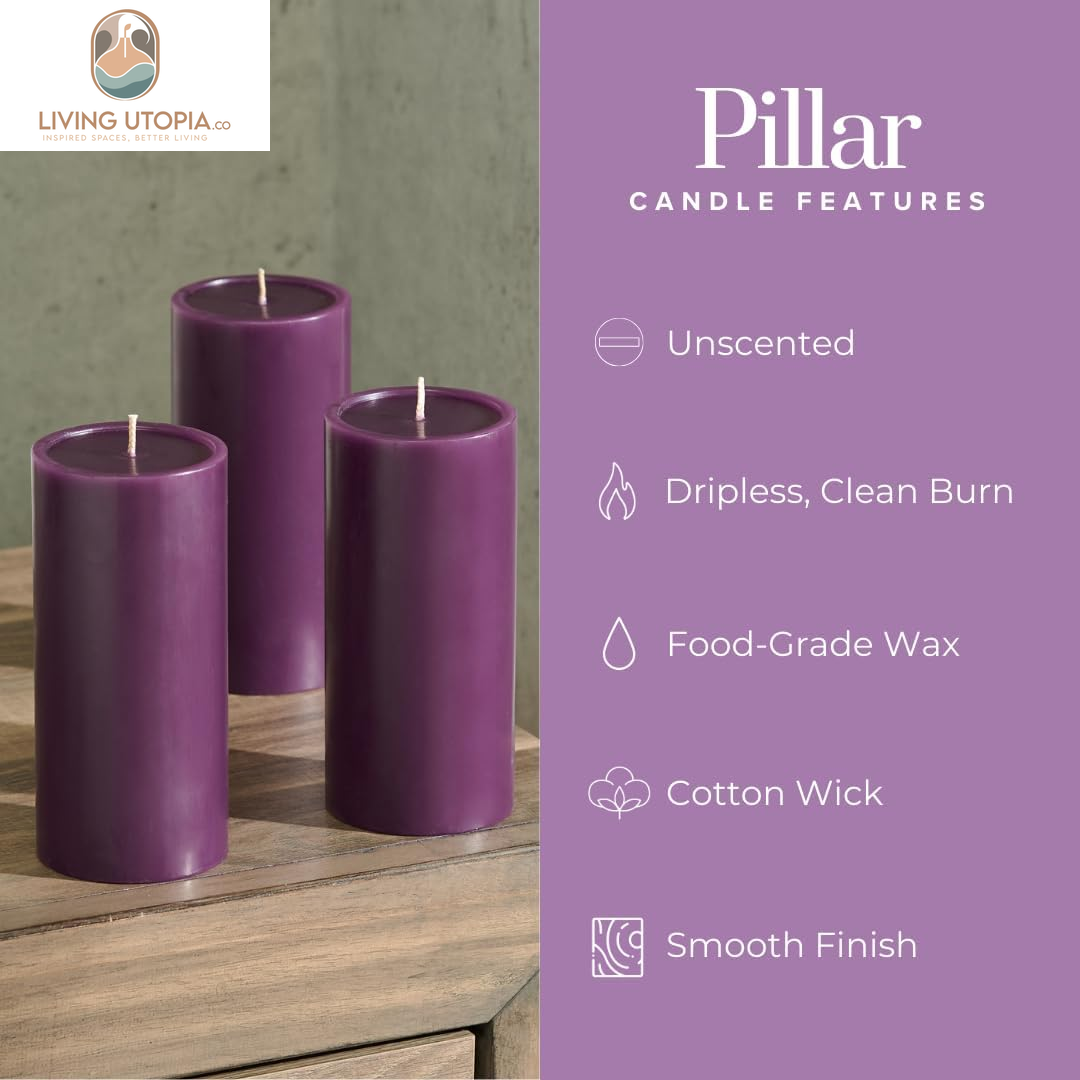 3X6 Inch Purple Pillar Candles Set of 3, Smooth Texture, Unscented Purple Candles, Dripless Candles, 3 Inch Pillar Candles Ideal as Wedding, Parties, Spas, Dinner, Home Decoration, Church