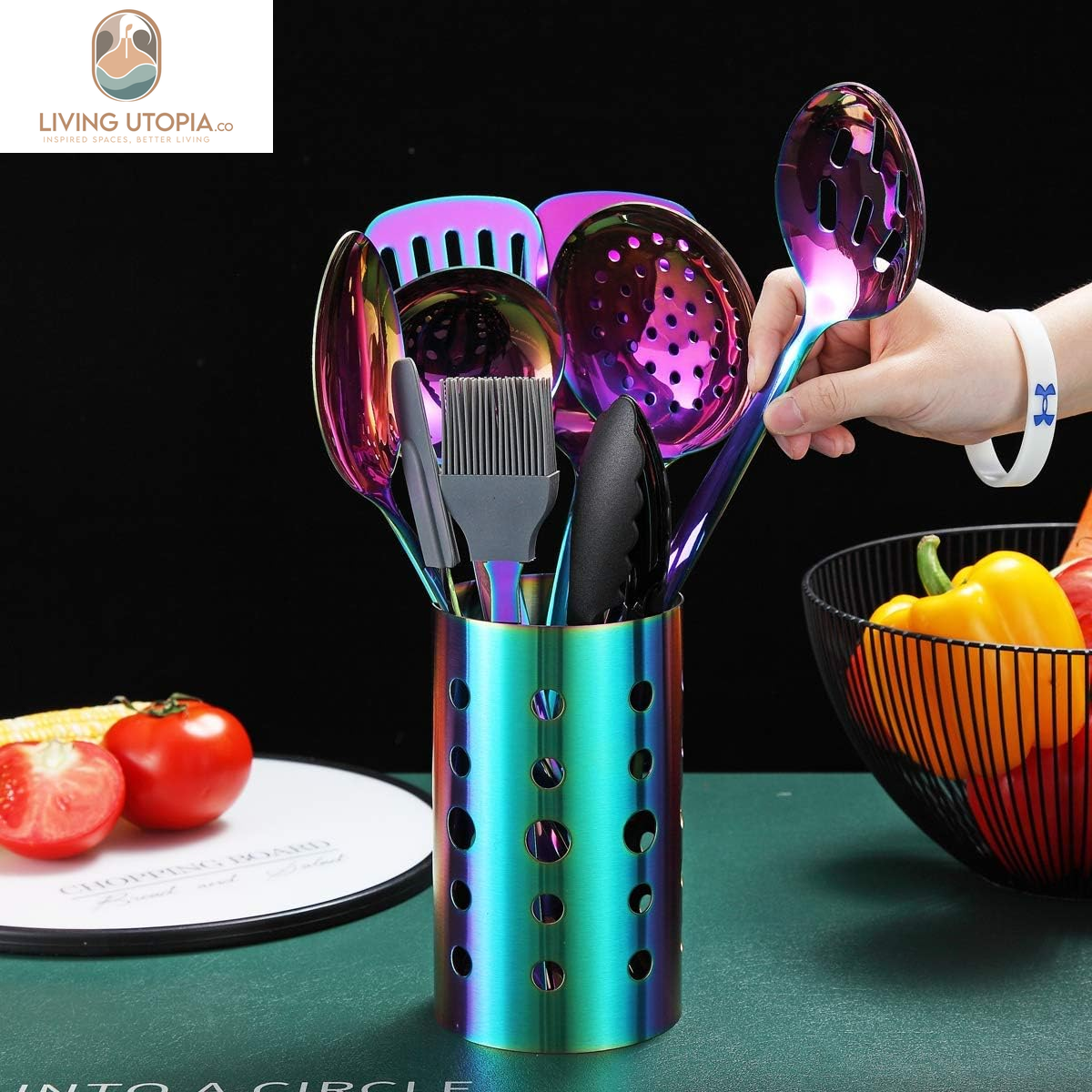 Rainbow Kitchen Utensils Set,13 Pieces Stainless Steel Cooking Utensils Set with Titanium Rainbow Plating,Kitchen Tools Set with Utensil Holder for Non-Stick Cookware Dishwasher Safe (13 Packs)