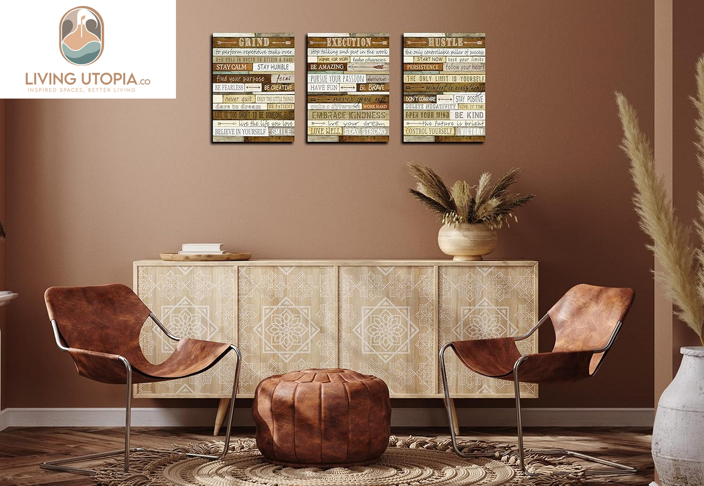 Motivational Wall-Decor - Brown Inspirational Posters - 3 Piece Canvas Wall Art for Bedroom Ready to Hang Size 12" X 16"