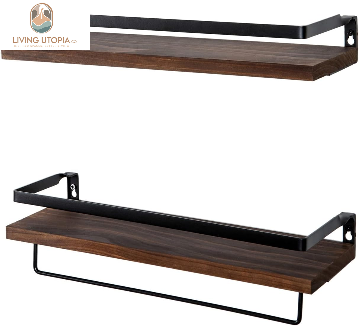 Floating Shelves for Wall, Bathroom Shelves with Towel Bar, Wall Mounted Storage Shelves for Kitchen, Bathroom, Set of 2 Brown