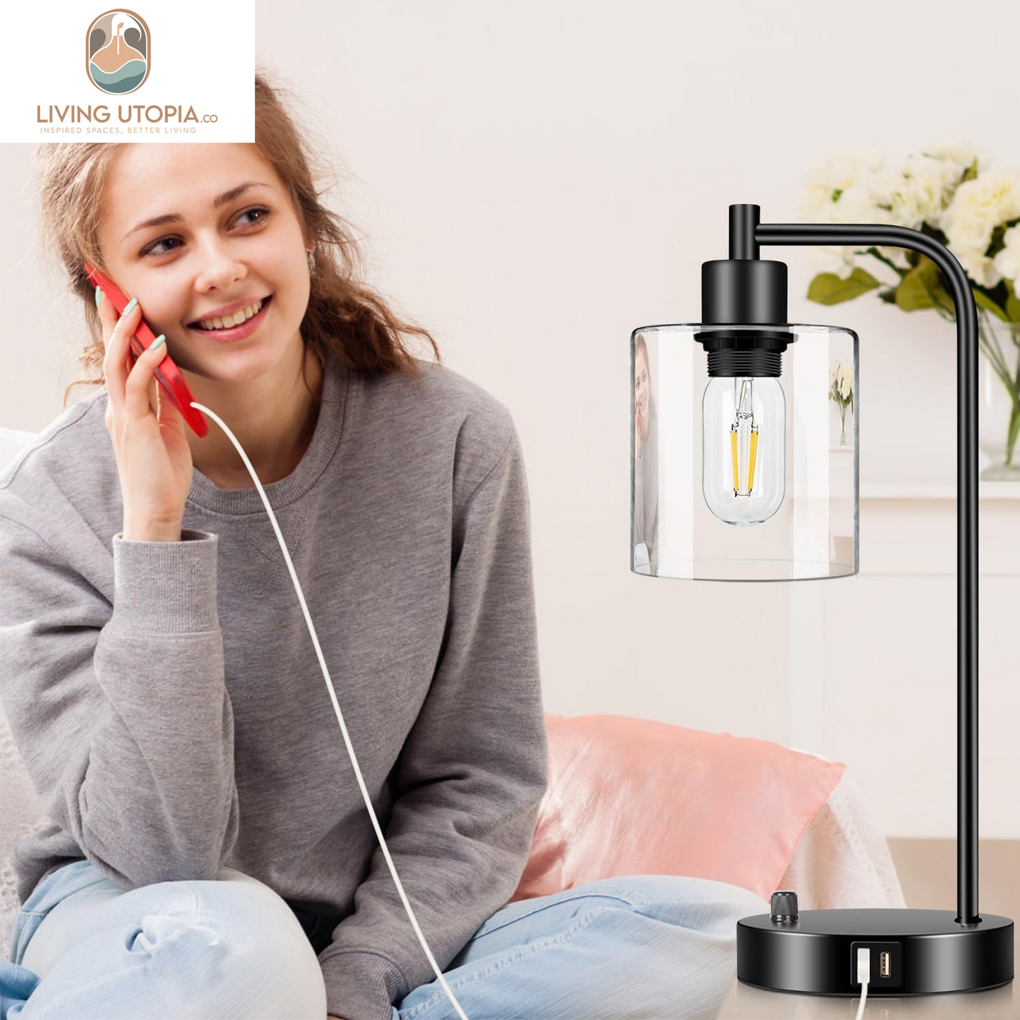 Industrial Table Lamp with 2 USB Charging Ports, Fully Stepless Dimmable Modern Nightstand Lamp, Glass Shade Bedside Desk Lamp for Bedroom Living Room Office, 6W 2700K LED Edison Bulb Included