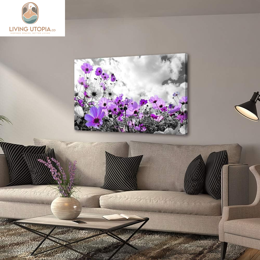 Canvas Wall Art Modern Purple Flowers Decor Black and White Framed Galsang Floral Print Poster Hanging Artwork Ready to Hang for Bedroom Living Room Bathroom Home Office Decoration 36L X 24W