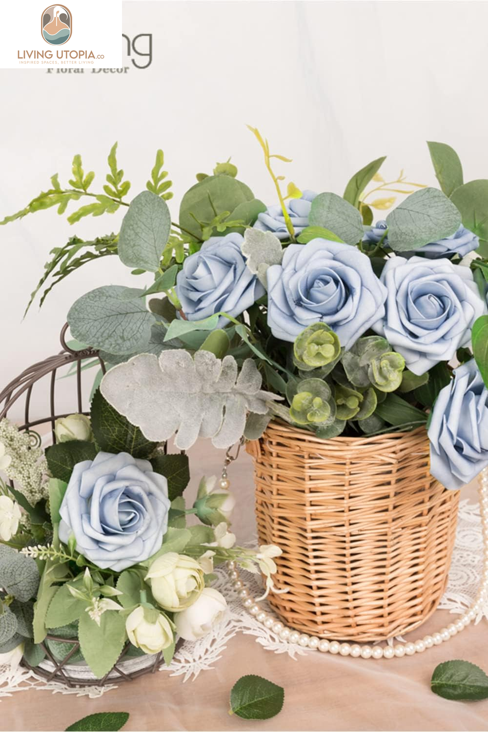 Artificial Rose Flowers 30PCS Fake Flowers with Stem Real Touch Foam Roses for DIY Wedding Bouquet Table Centerpieces Arrangements Party Baby Shower Home Spring Decorations(Dusty Blue)