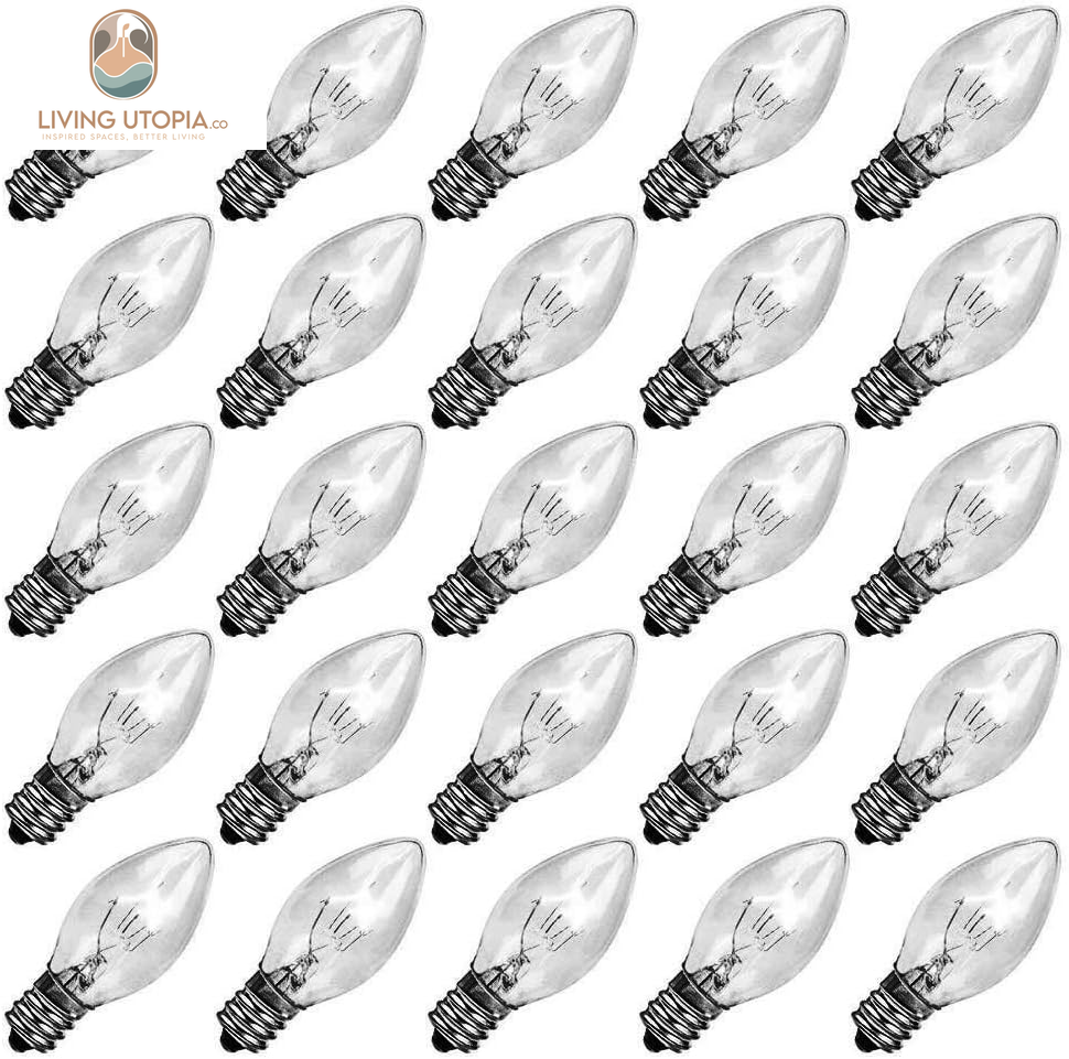25 Pack C7 Clear Replacement Bulbs, C7 Clear Light Bulbs for Christmas Outdoor Patio Indoor String Lights, C7/E12 Candelabra Base, 5 Watt Night Light Bulbs- Clear