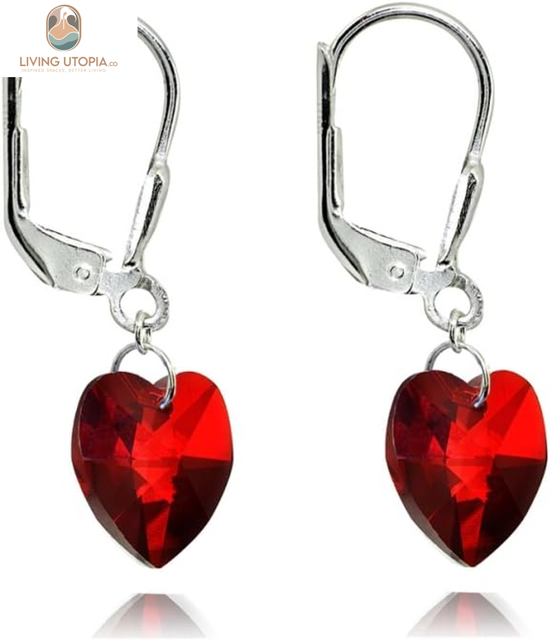 Sterling Silver European Crystal Dainty Heart Leverback Dangle Earrings for Women