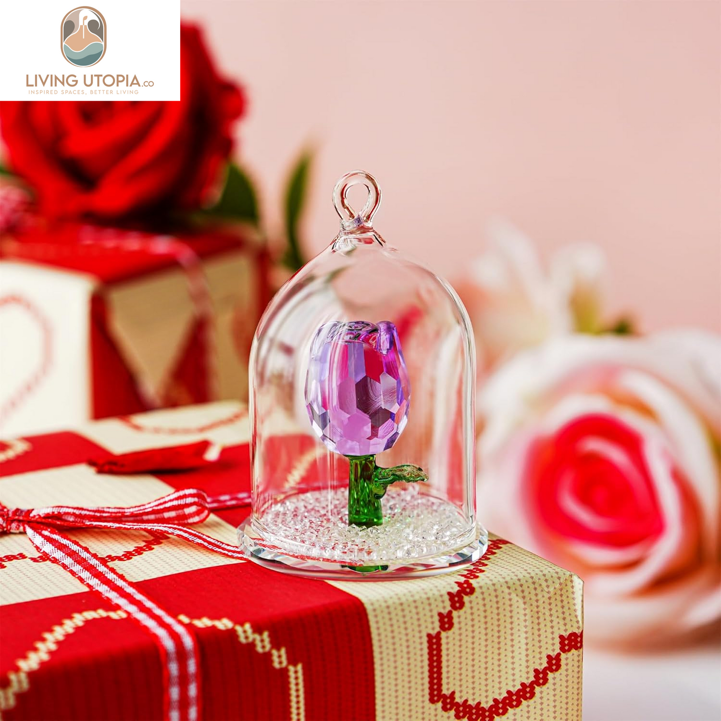 H&D Crystal Enchanted Rose Flower Figurine Dreams Ornament in a Glass Dome Gifts for Her (Purple)