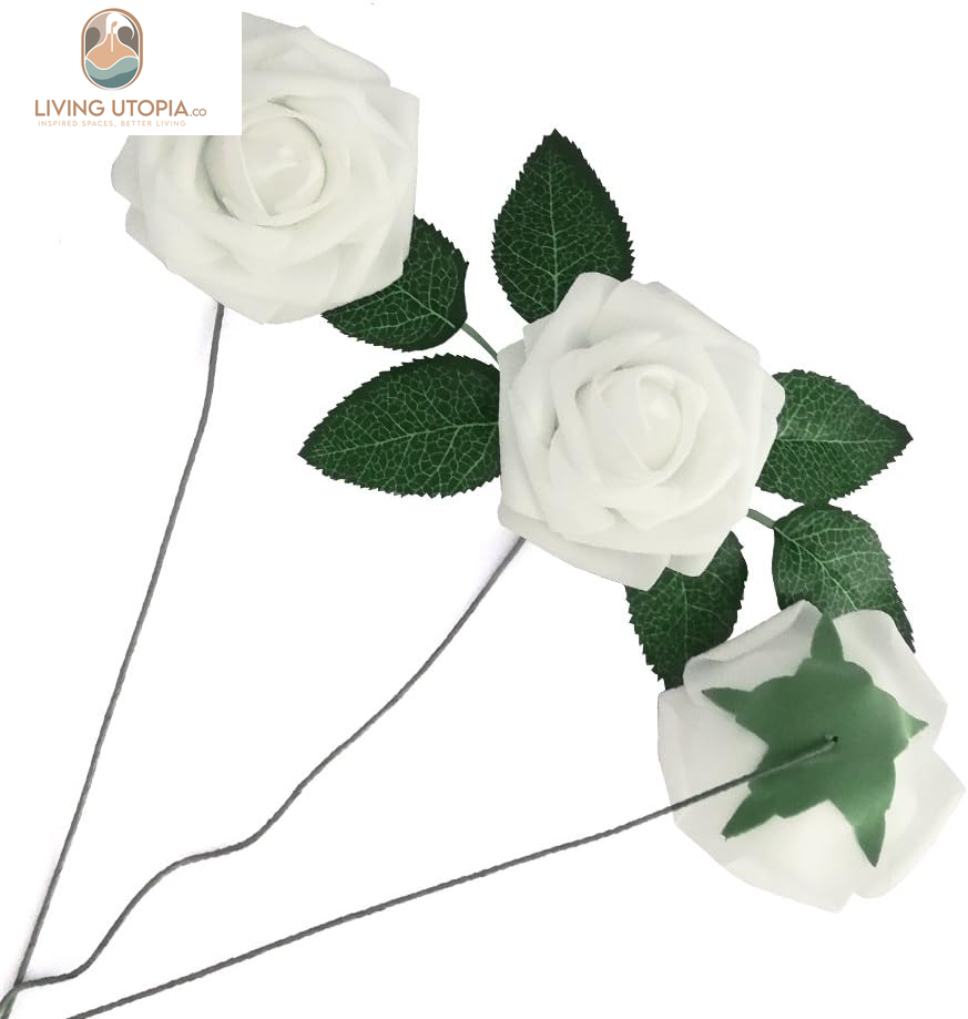 Artificial Flowers 50PCS Real Looking White Fake Roses with Stem for DIY Wedding Bouquets Centerpieces Party Baby Shower Home Decorations (White)