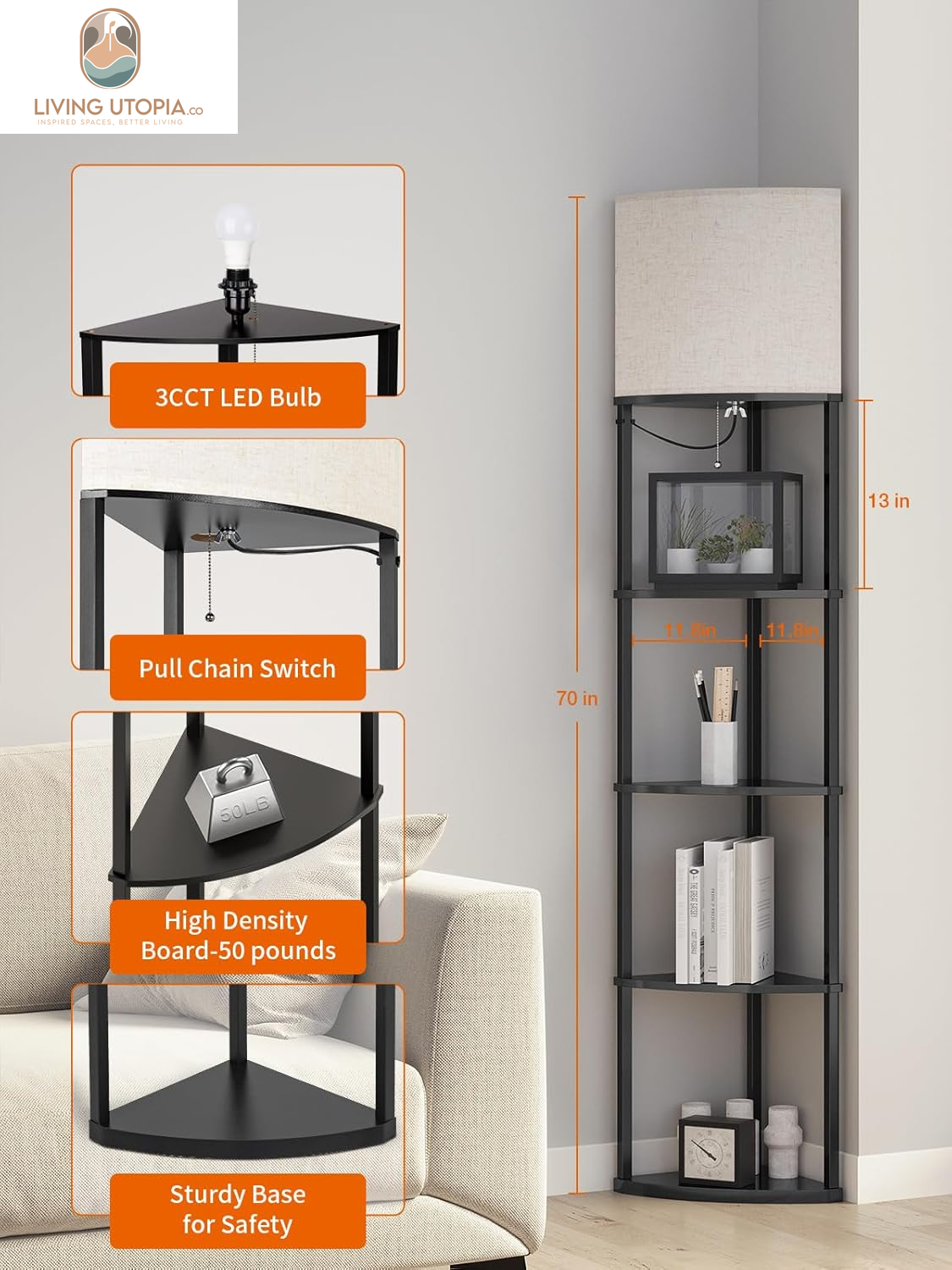 Corner Lamp 5-Tier Shelf Floor Lamp Display with 3 Color Temperatures LED Bulb and Linen Lamp Shade, Shelves for Living Room, Bedroom and Office - Black
