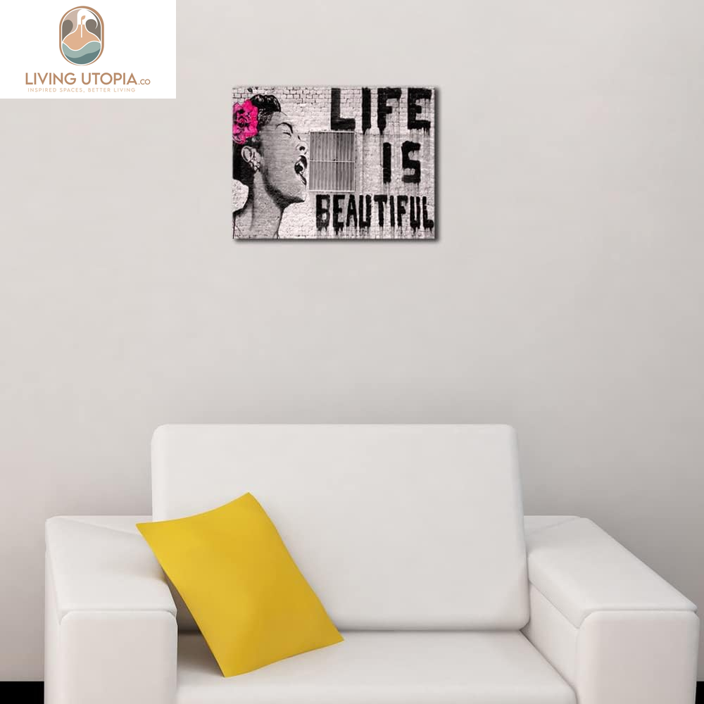 Banksy Life Is Beautiful Modern Gallery Wrapped Giclee Canvas Prints Artwork Grey Love Abstract Pictures Paintings on Canvas Wall Art Ready to Hang for Bedroom Home Office Decorations