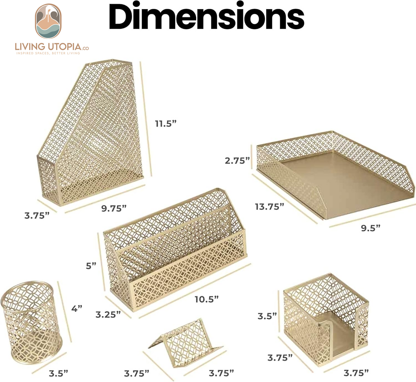 Gold Desk Organizer Set – Mail Sorter, Sticky Note Holder, Pen Cup, Magazine Holder, Letter Tray & Business Card Holder – Pink Office Decor