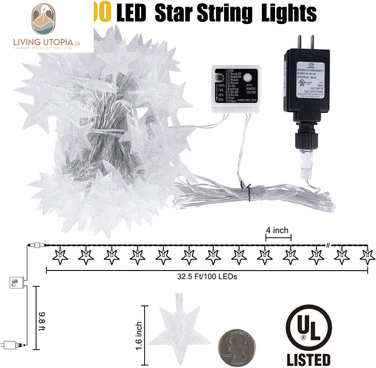 Star String Lights Plug in - 33 Ft 100 LED Star Fairy String Lights with Remote and Timer, Waterproof for Bedroom Porch Wedding Party Patio Garden Tent Indoor Outdoor Décor, Warm White