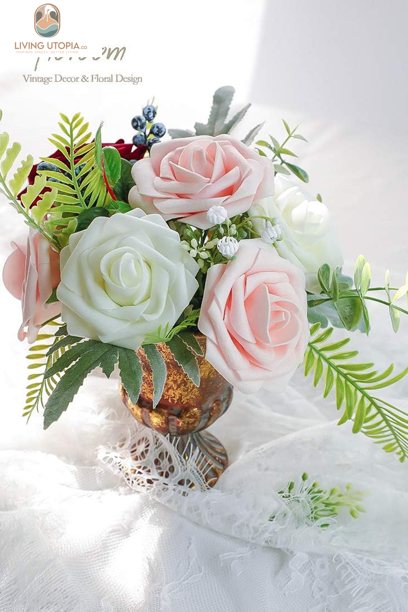 Artificial Flowers 25Pcs Real Looking Blush Foam Fake Roses with Stems for DIY Wedding Bouquets Bridal Shower Centerpieces Party Decorations