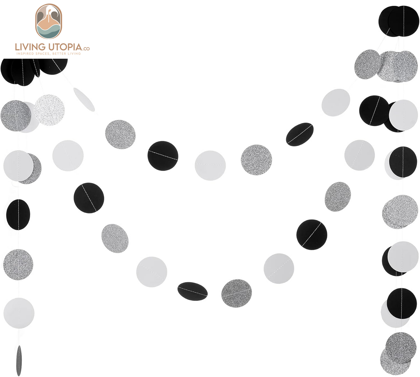 Black White Silver Glitter Paper Garland Circle Dot Streamer Banner for Graduation Bridal Shower Wedding Birthday Party Decorations, 2.5" in Diameter, 20 Feet in Total