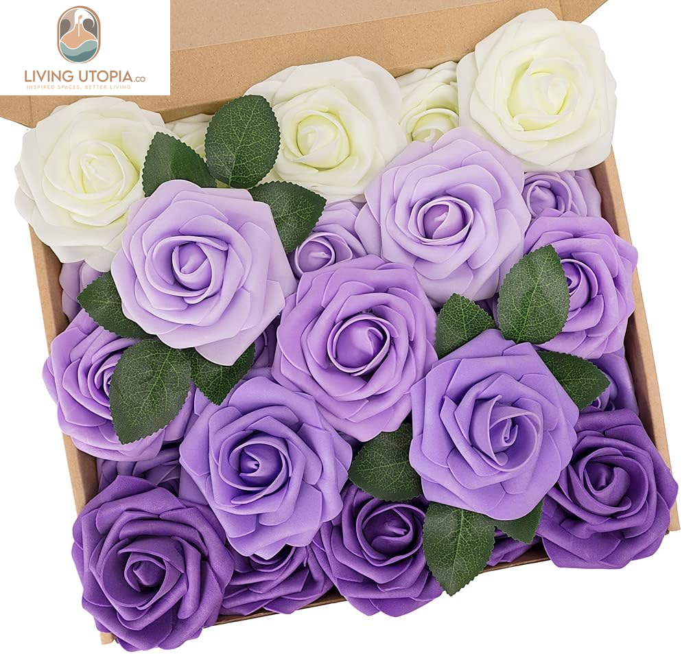 Artificial Flowers, 25Pcs Fake Flowers Rose Perfect for DIY Wedding Bridesmaid Bridal Bouquets Centerpieces Home Flower Arrangement Decoration, Series Purple