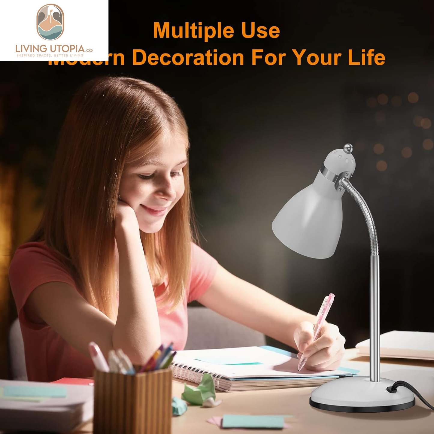 Metal Desk Lamp, Adjustable Goose Neck Table Lamp, Eye-Caring Study Desk Lamps for Bedroom, Study Room and Office (White)