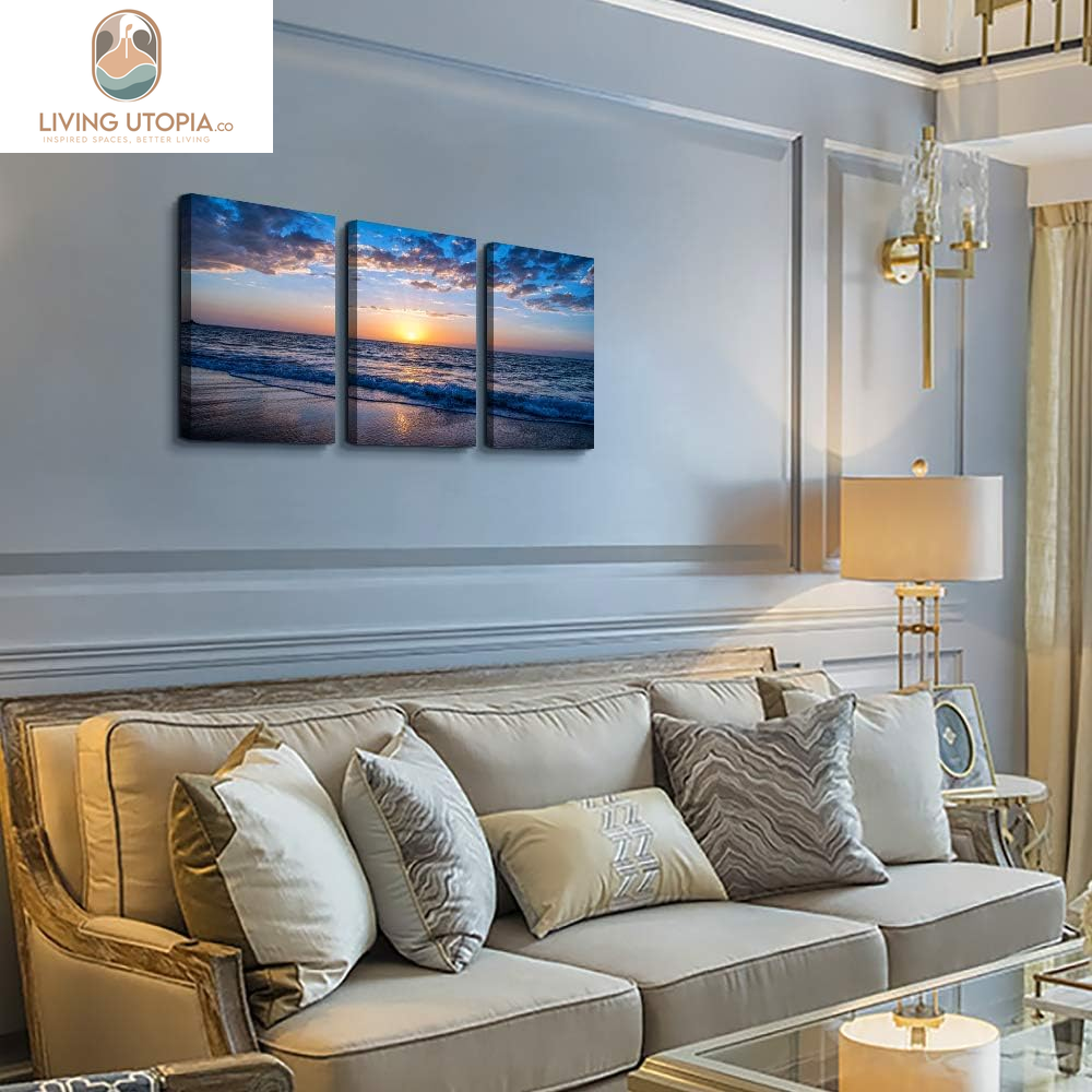 3 Piece Canvas Wall Art -Sunrise Blue Sea View Landscape - Modern Home Decor Room Stretched and Framed Ready to Hang - 12"X16"X3 Panels