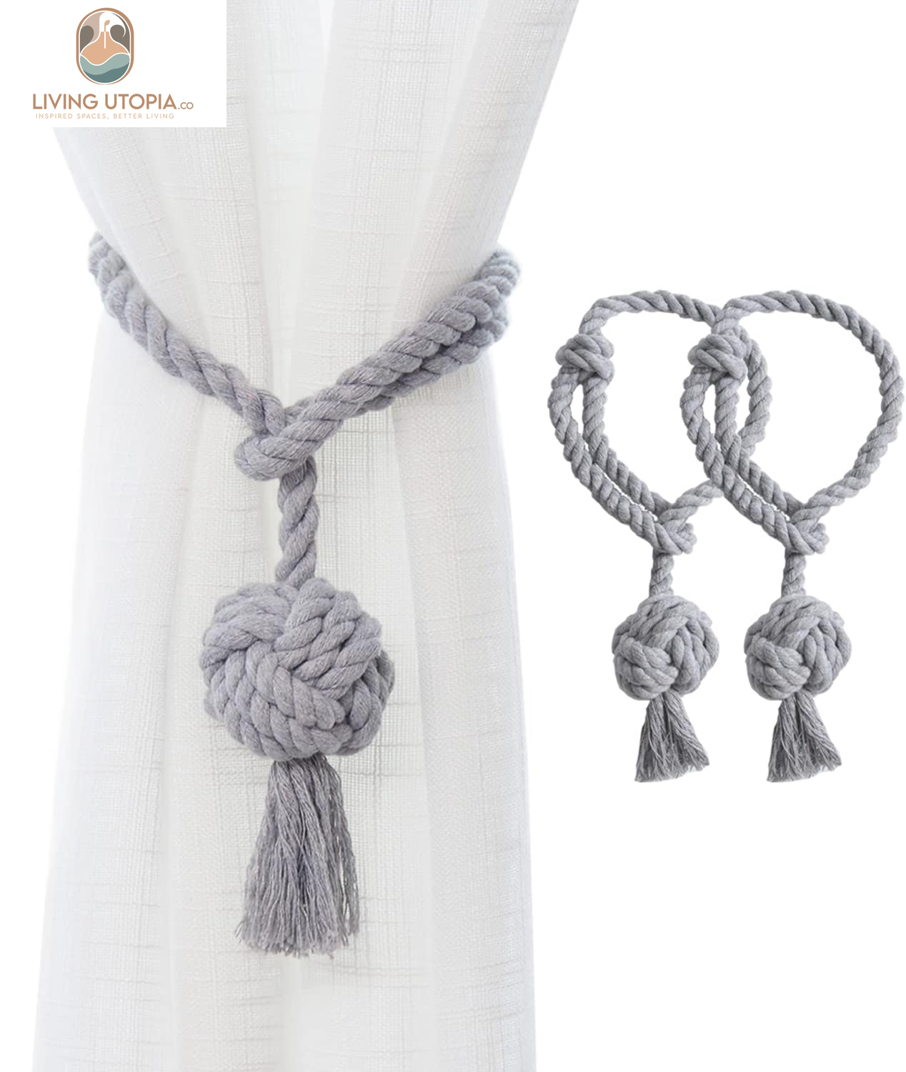 2 Pack Rustic Curtain Tiebacks - Outdoor Curtain Drapery Holdbacks Holders - Hand Knitting Cotton Rope Drape Tie Backs for Sheer and Blackout Curtain(Set of 2, Grey)