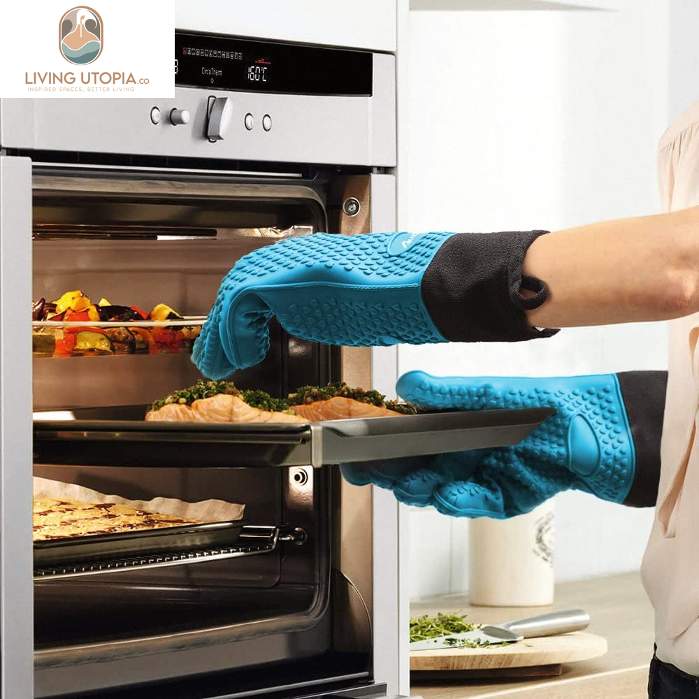 Silicone Cooking Gloves, Grilling Gloves, Heat Resistant Gloves BBQ Kitchen Silicone Oven Mitts, Long Waterproof Non-Slip Potholder for Barbecue, Cooking, Baking