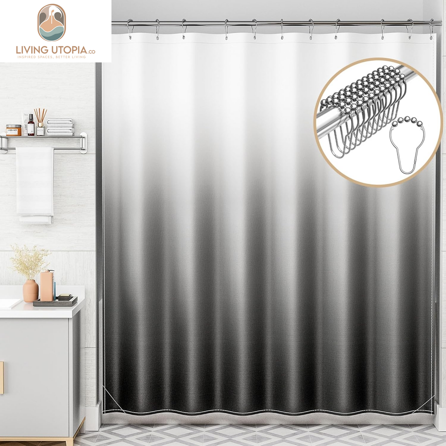 Shower Curtain, Cloth Ombre Black Shower Curtain Set with 12 Shower Curtain Hooks, Washable Fabric Black and White Shower Curtain, Rustic Farmhouse Bathroom Shower Curtain, 72X72 Inches