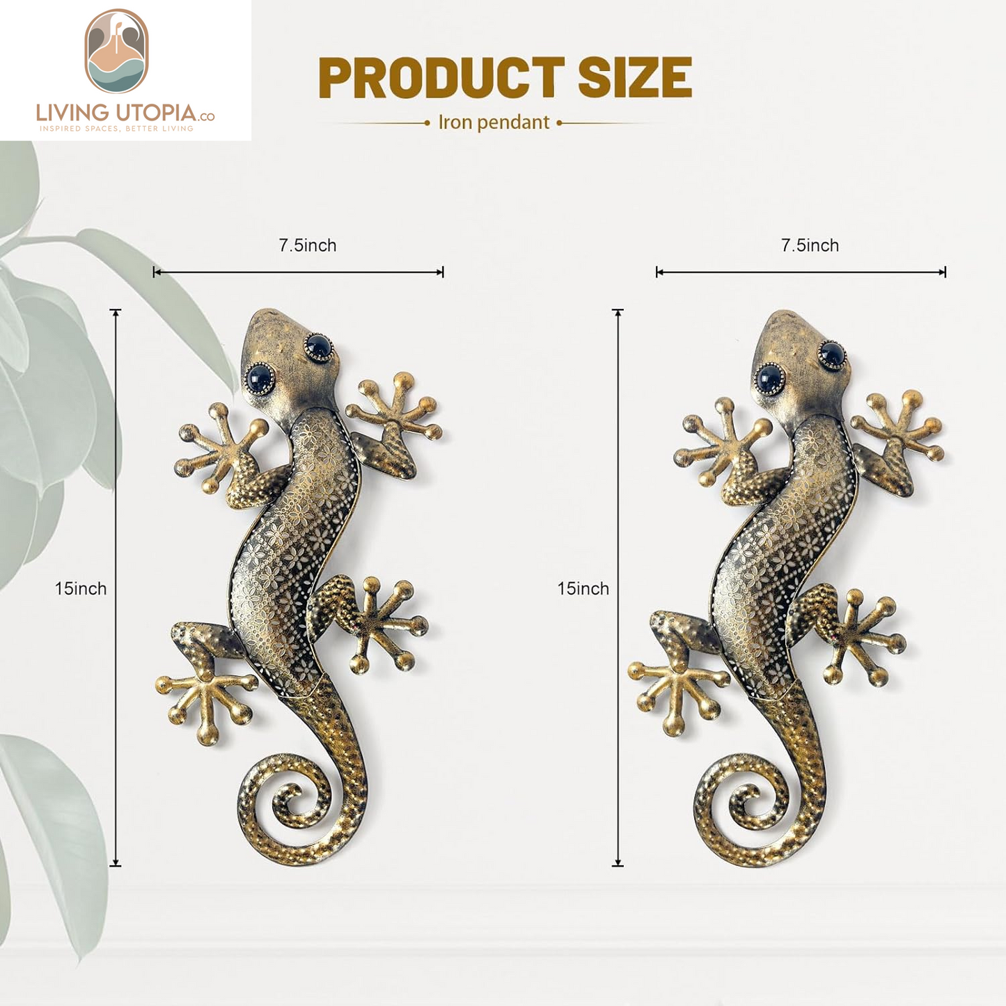 Gecko Metal Wall Art Decor 2 Pack 15 Inch - Indoor & Outdoor Lizard Wall Art Hanging Sculpture for Home and Garden