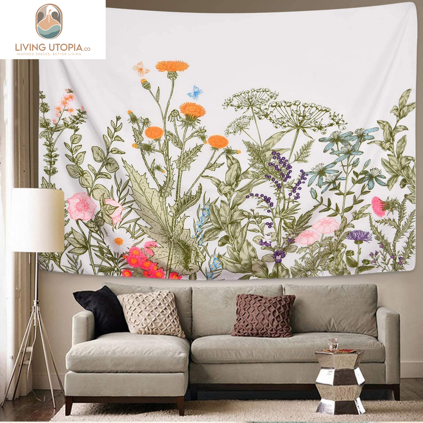 Colorful Floral Plants Tapestry Vintage Herbs Wild Flowers Wall Hanging Nature Scenery for Living Room Bedroom