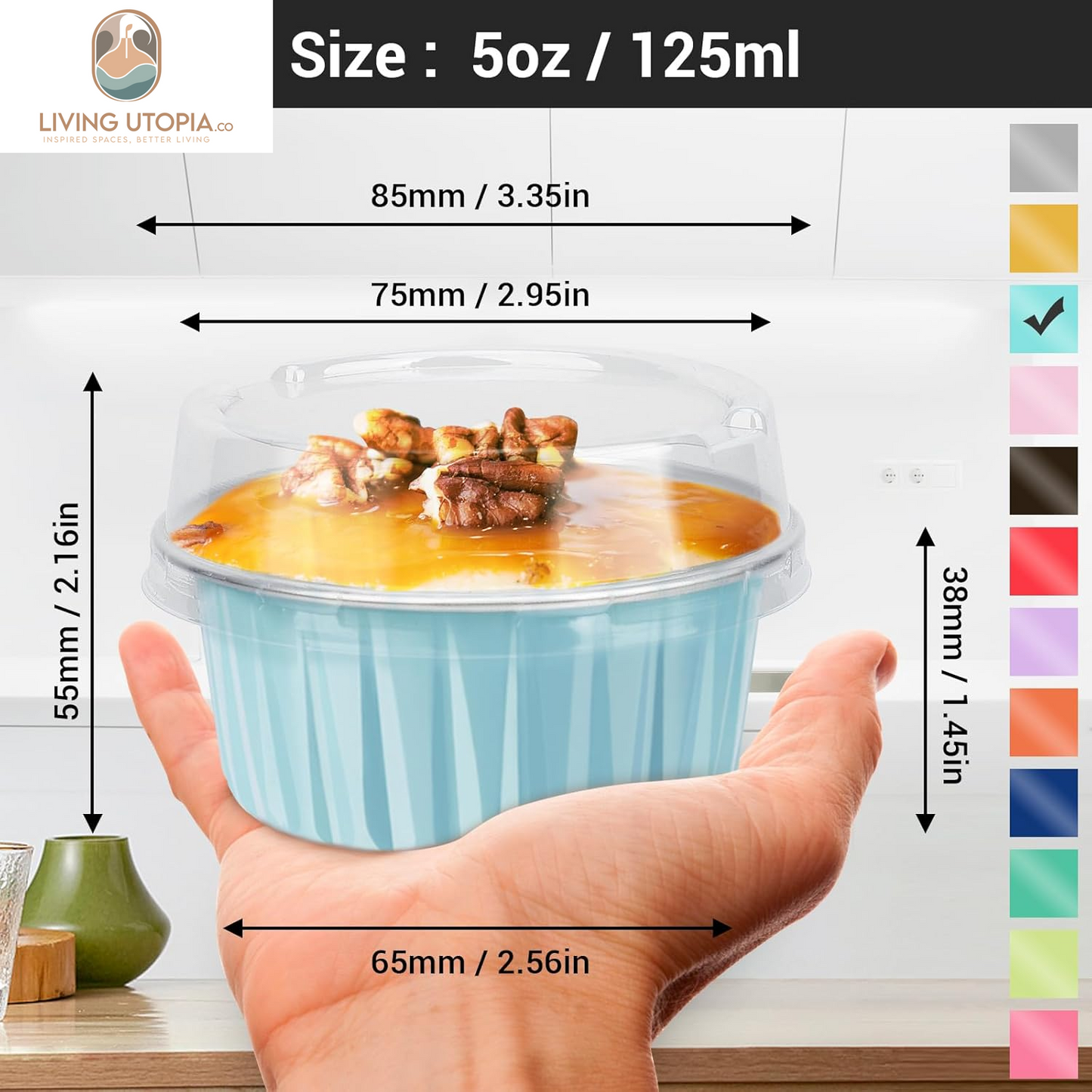 Aluminum Cups with Lids, 50Pcs 5Oz 125Ml Foil Cupcake Baking Cups, Muffin Liners Cups with Lids, Disposable Foil Ramekins Pans, Aluminum Foil Cupcake Holders