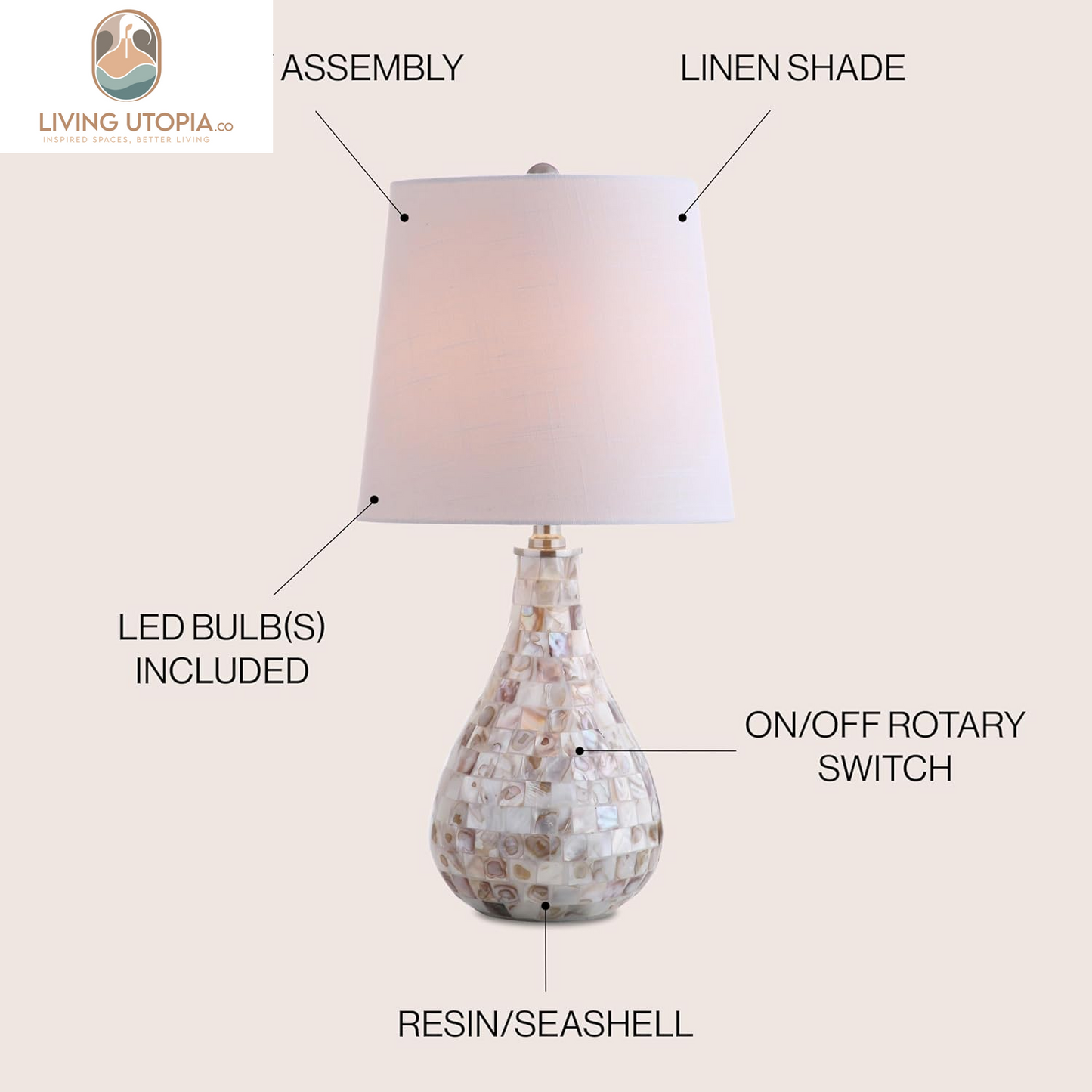 JYL1024A Mona 20.5" Mini LED Table Lamp, Cottage, Coastal, Transitional, Modern, Elegant, Office, Living Room, Family Room, Dining Room, Bedroom, Hallway, Foyer, Seashell
