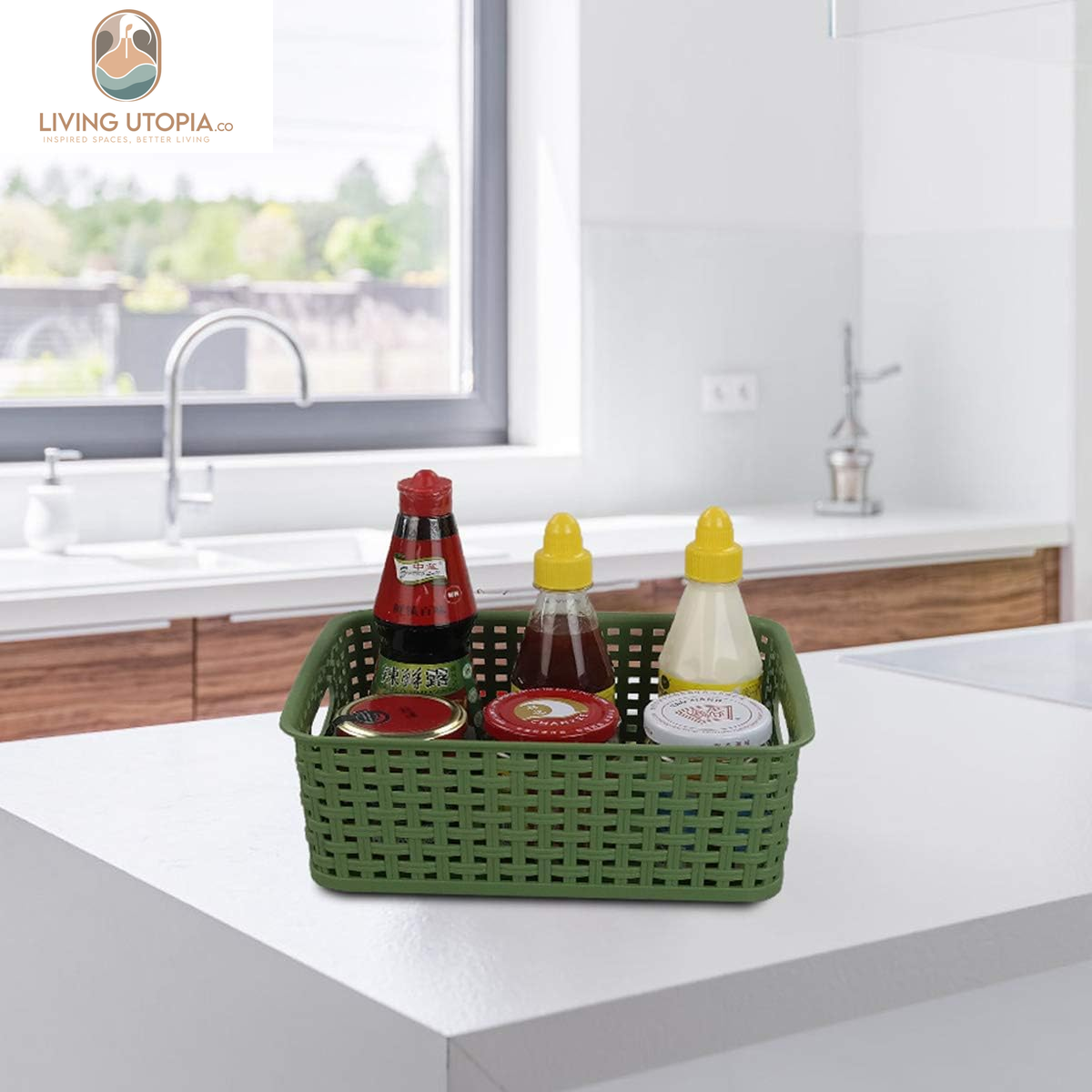 Plastic Weave Storage Baskets for Kitchen Bathroom, Green, 6 Packs