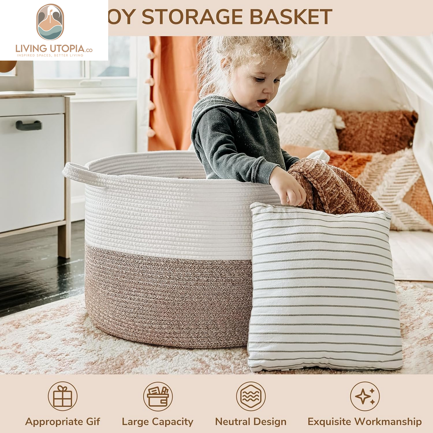 Xxxlarge Cotton Rope Basket 21.7" X 21.7" X 13.8" Woven Baby Laundry Blanket Basket Toy Basket with Handle Storage Comforter Cushions Thread Laundry Hamper White & Brown
