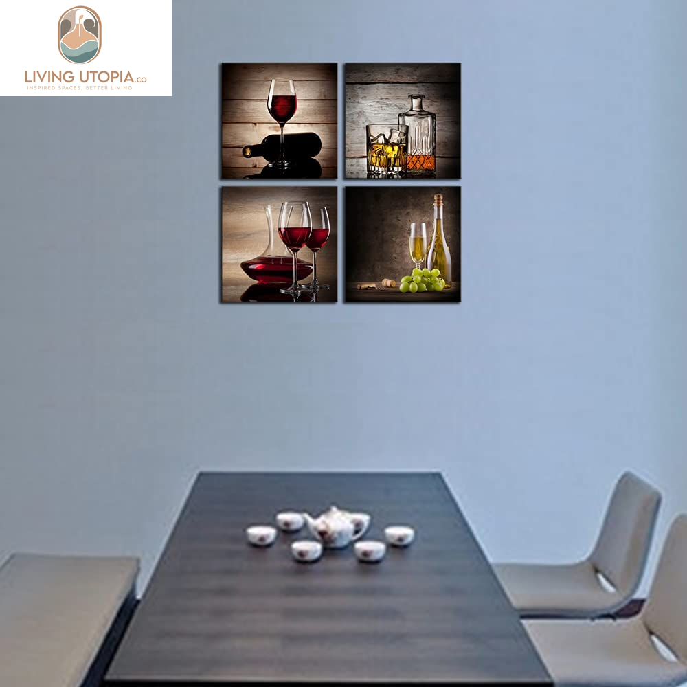 Red Wine Cups Modern Kitchen Wall Art Dinning Room Wall Decor 4 Panels Abstract Canvas Prints Artwork Contemporary Vintage Pictures Paintings on Canvas Wall Art for Kitchen Home