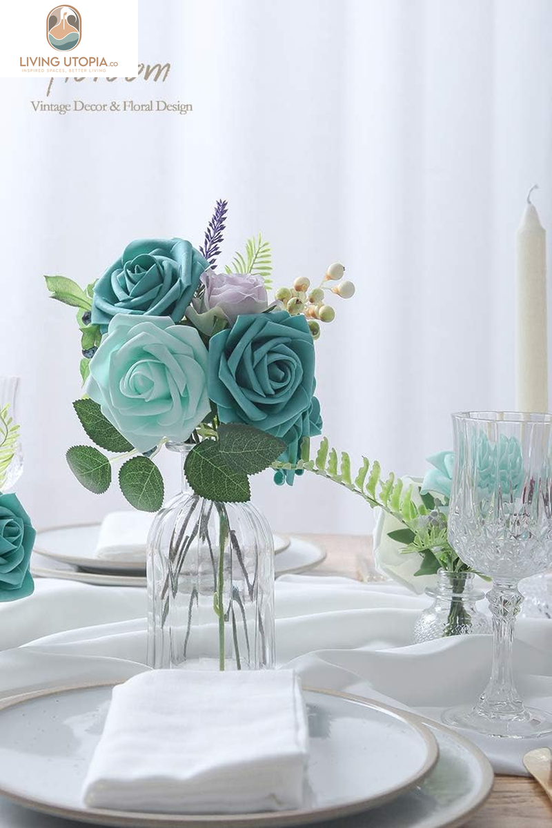 Artificial Flowers 50Pcs Real Looking Teal Green Foam Fake Roses with Stems for DIY Wedding Bouquets Bridal Shower Centerpieces Floral Arrangements Party Tables Home Decorations