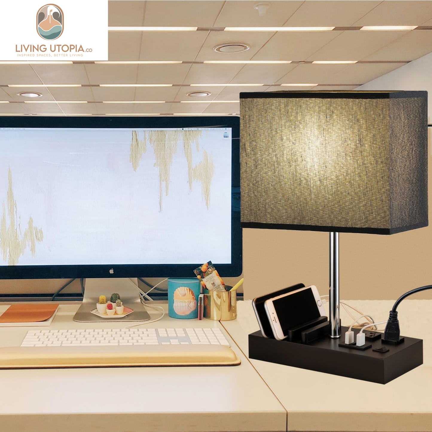USB Table Lamp, Multi-Functional Bedside Desk Lamp with 2 AC Outlets, 3 USB Charging Ports and Wooden Phone Stand Organizer, Ideal Nightstand Lamp for Bedroom, Black Shade