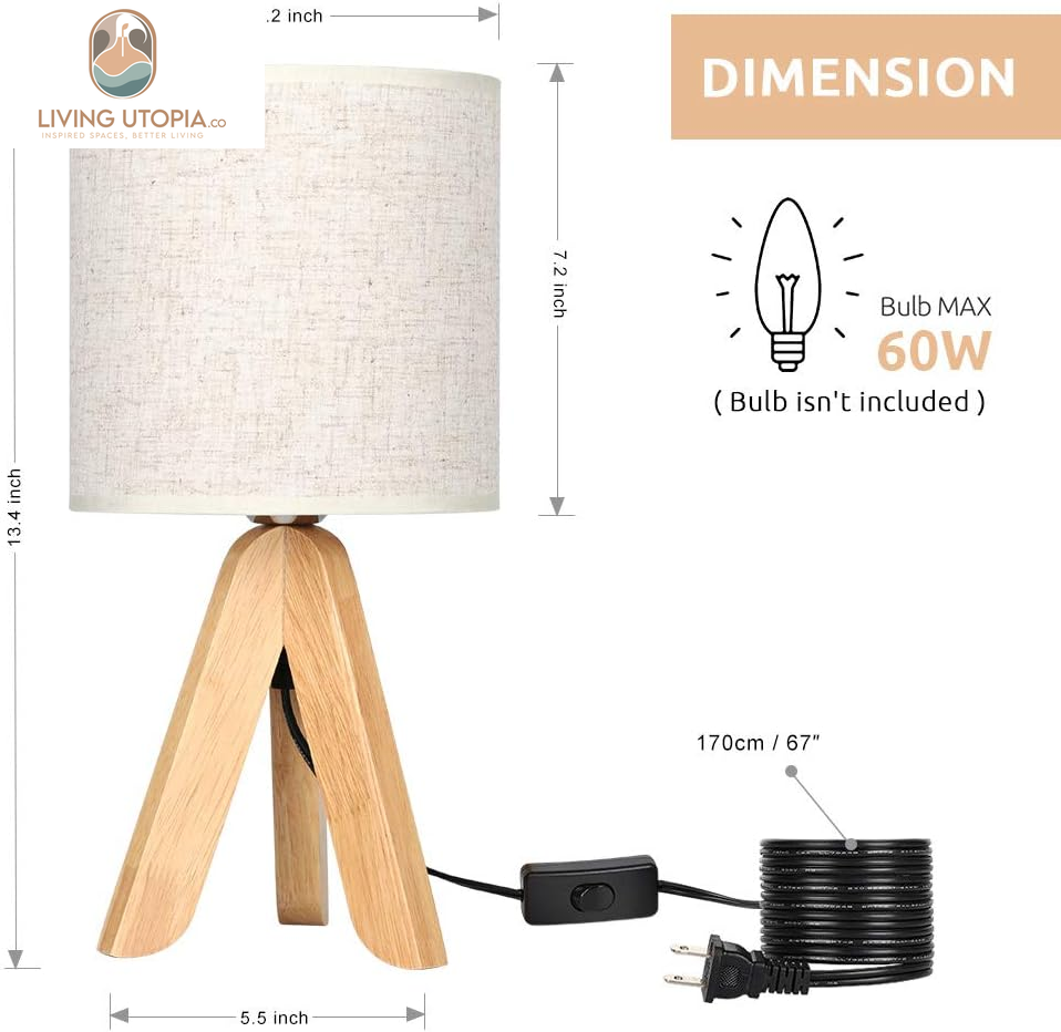 Small Bedside Table Lamp - Wooden Tripod Nightstand Lamp for Bedroom, Living Room, Office, Home with Fabric Linen Shade - 13.4 Inches (Without Bulb)