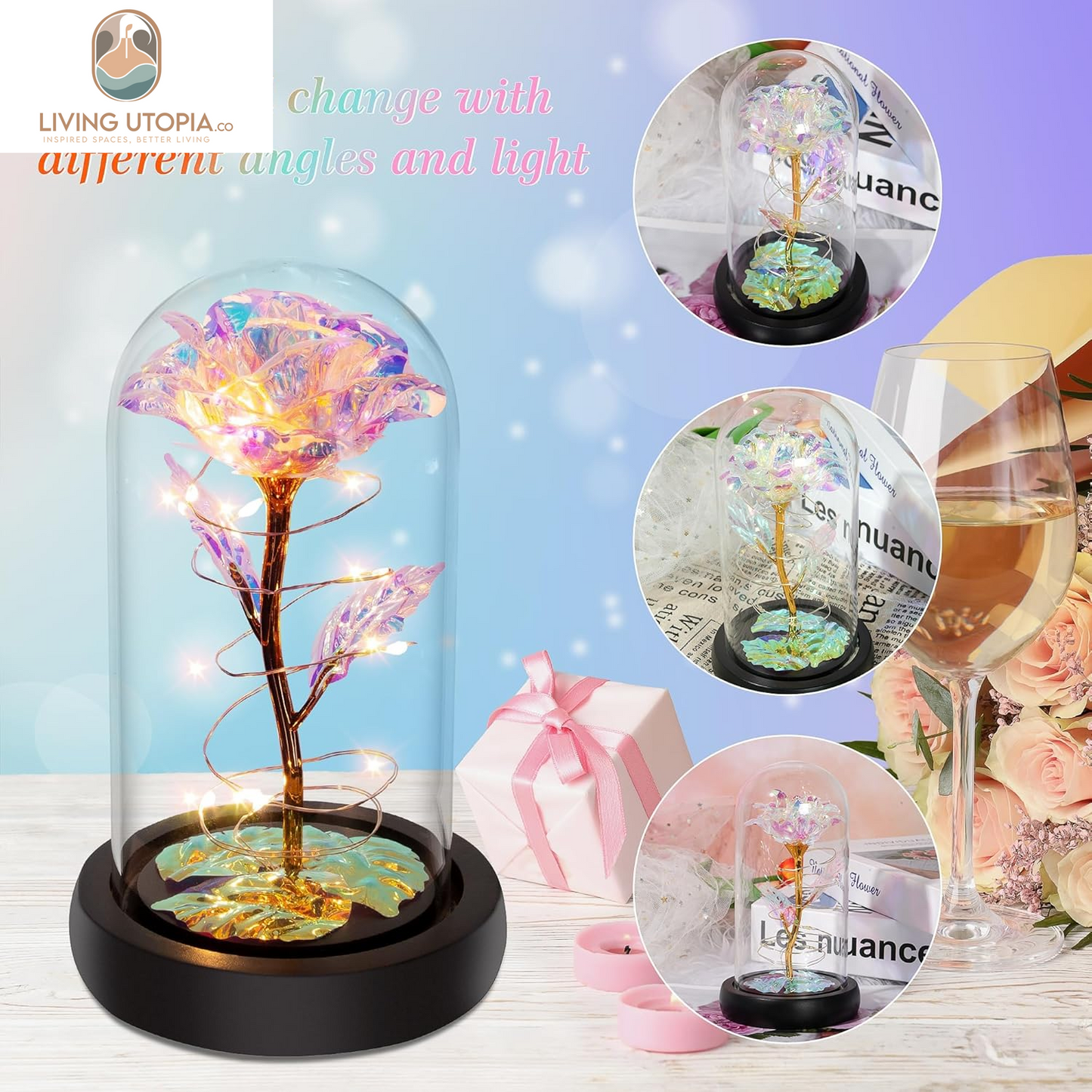 Birthday Gifts for Women,Mothers Day Flowers Gifts for Mom,Wife,Grandma,Rose Mom Gifts for Her,Light up Rose Flowers in Glass Dome,Colorful Rainbow Flower Rose Presents for Mom,Anniversary,Valentines