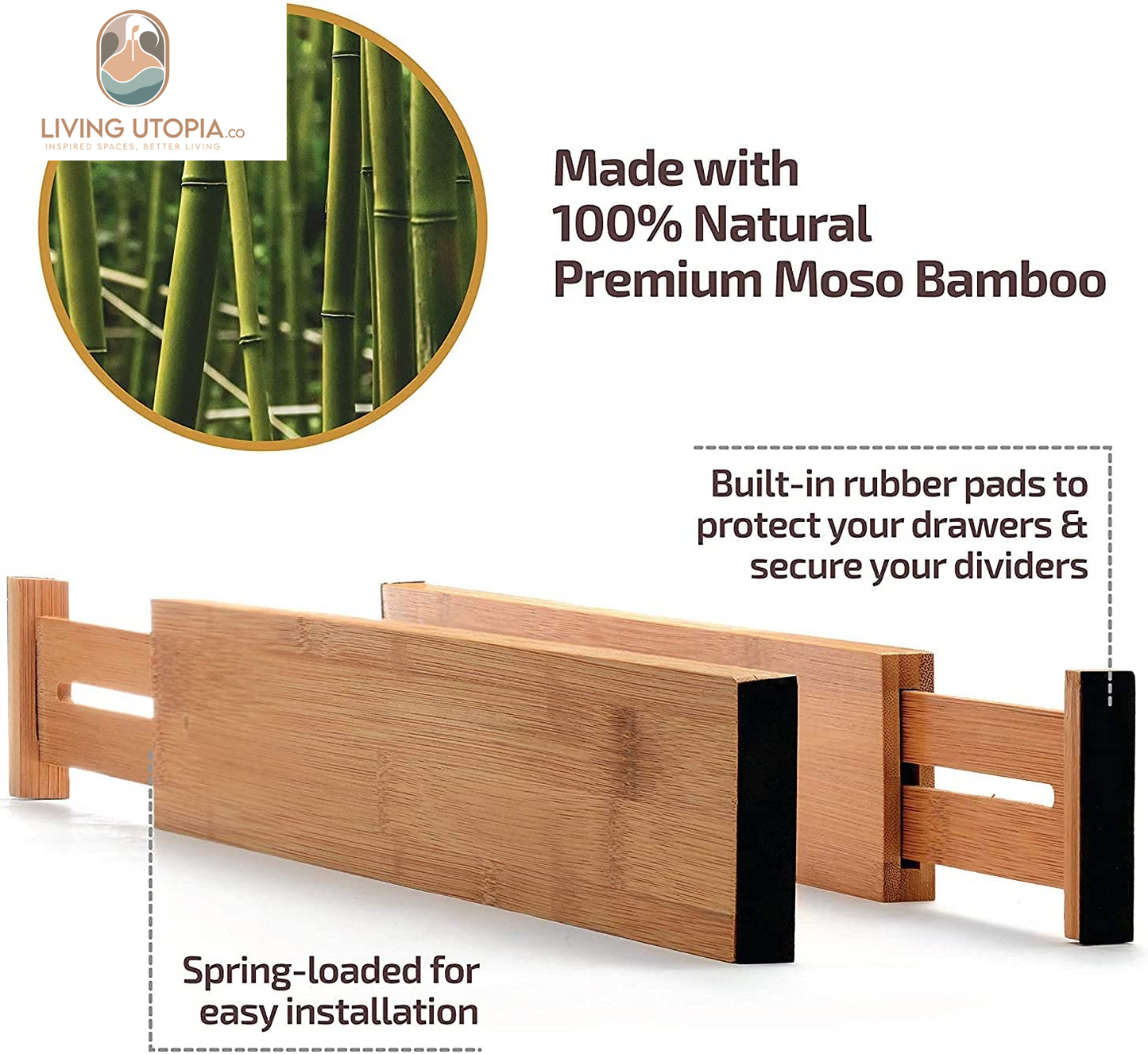 Large Kitchen Drawer Organizer - Expandable Bamboo Drawer Dividers (17" - 21.5") - Adjustable Separators for Kitchen, Clothes, Dresser, Bedroom, Bathroom, and Desk Drawers - 6-Pack