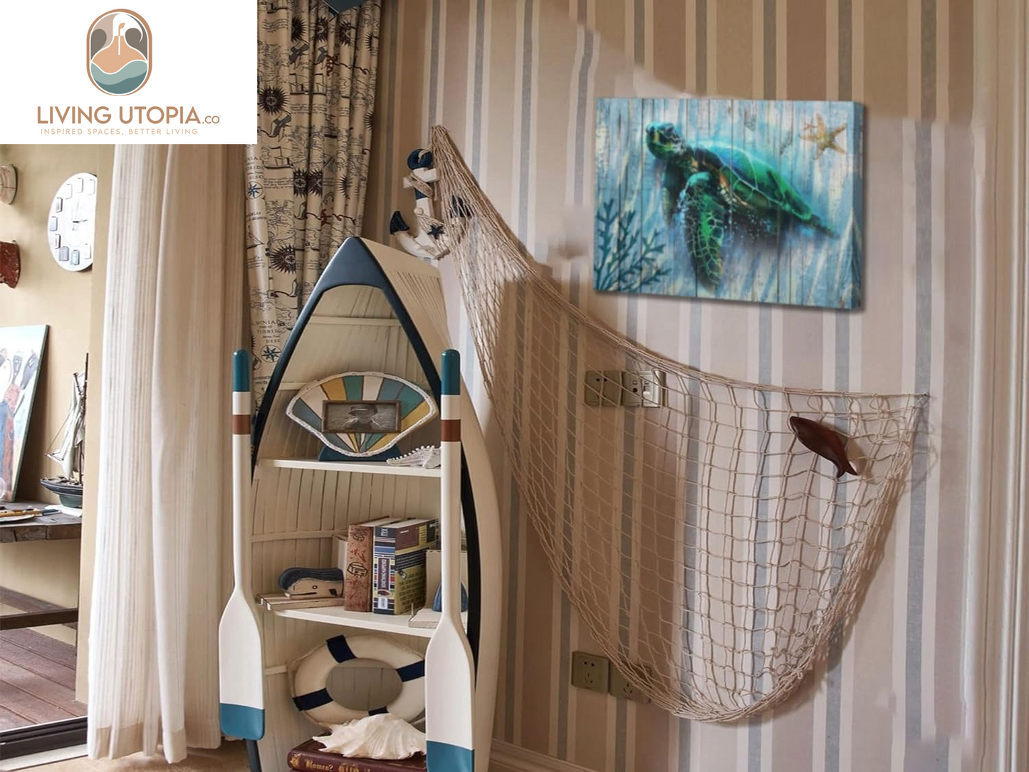 Bathroom Decor Blue Wall Art Canvas Green Sea Turtle Teal Submarine Picture, Blue Modern Landscape Painting Framed for Living Room Bedroom Home Office Wall Decor, 16"X12"