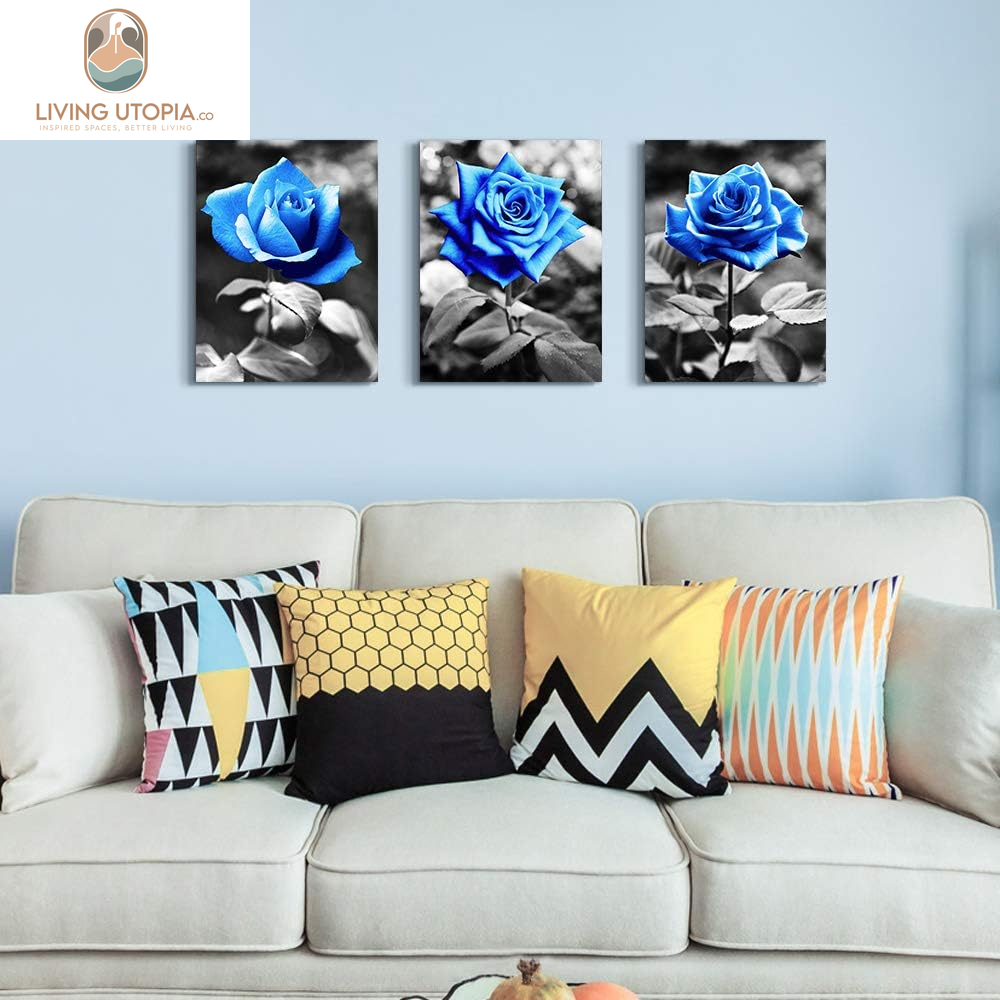 Bedroom Wall Art for Living Room Bathroom Wall Decor for Kitchen Family Pictures Artwork Black and White Blue Rose Flowers Canvas Paintings 12" X 16" 3 Pieces Framed Modern Office Home Decorations