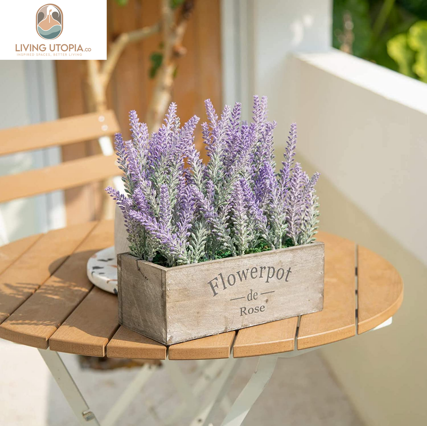 Purple Artificial Lavender Flowers with Decorative Tray Wooden Box 9 Inches - Lifelike Faux Lavender Plants for Home and Office Decor, Fake Lavender Rustic Farmhouse Style