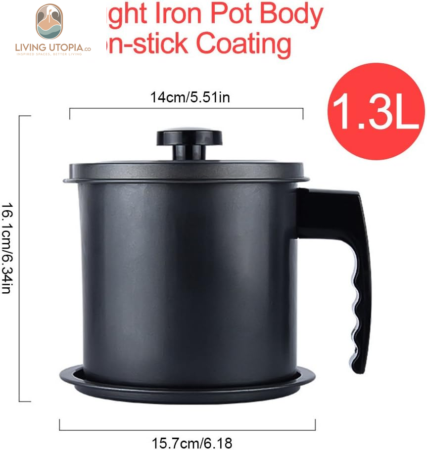 Bacon Grease Container with Strainer- 1.3 L or 5.2 Cup Iron Kitchen Oil Storage Can with Fine Mesh Strainer for Storing Hot Frying Oil, Fat (Black)